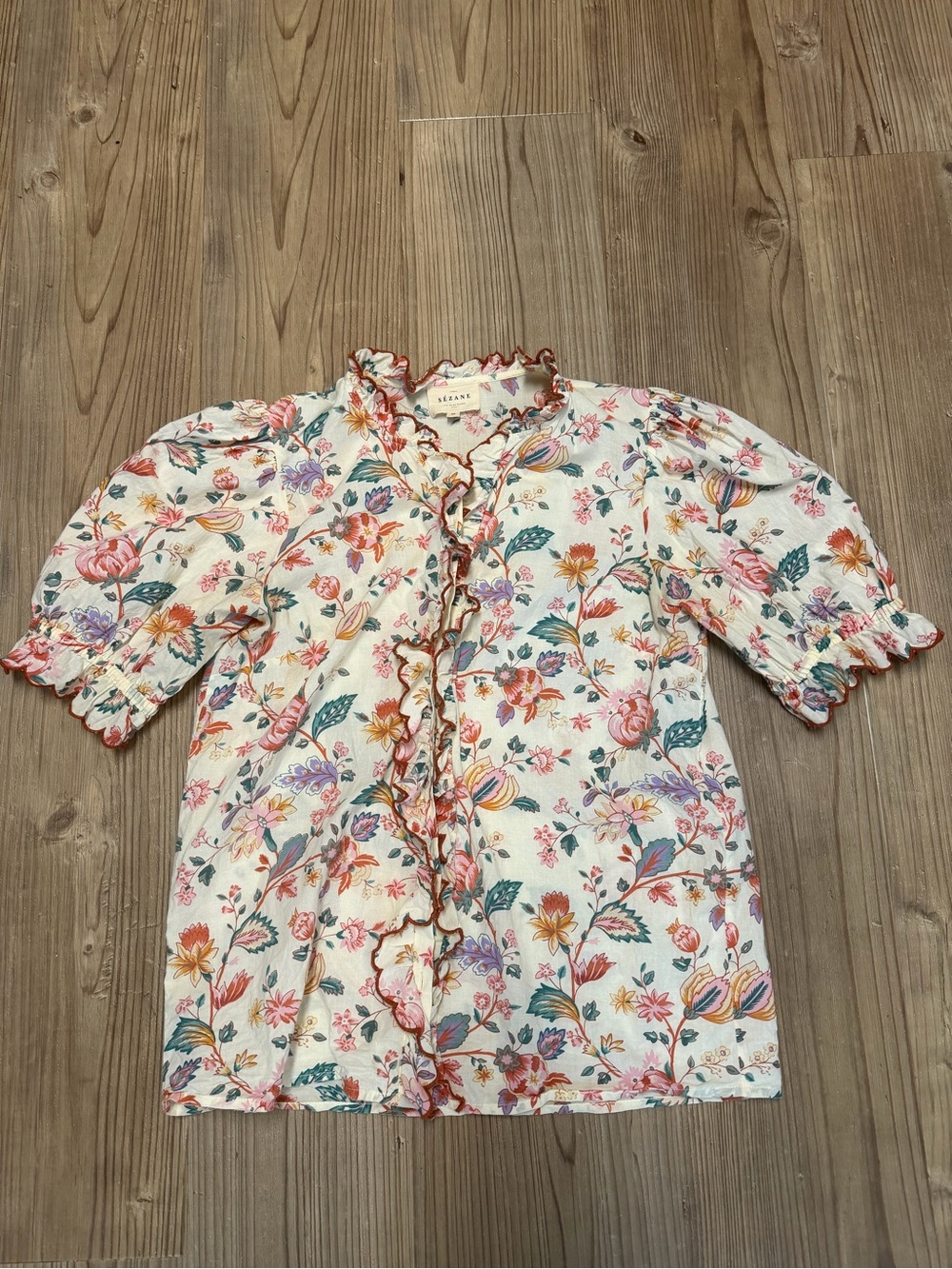 Sezane Cream Floral Ruffle-Front Cotton Blouse